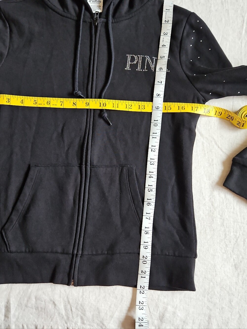 PINK Victoria's Secret Black Rhinestone Logo Everyday Zip-Up Hoodie Fleece Sz XS - Picture 5 of 14